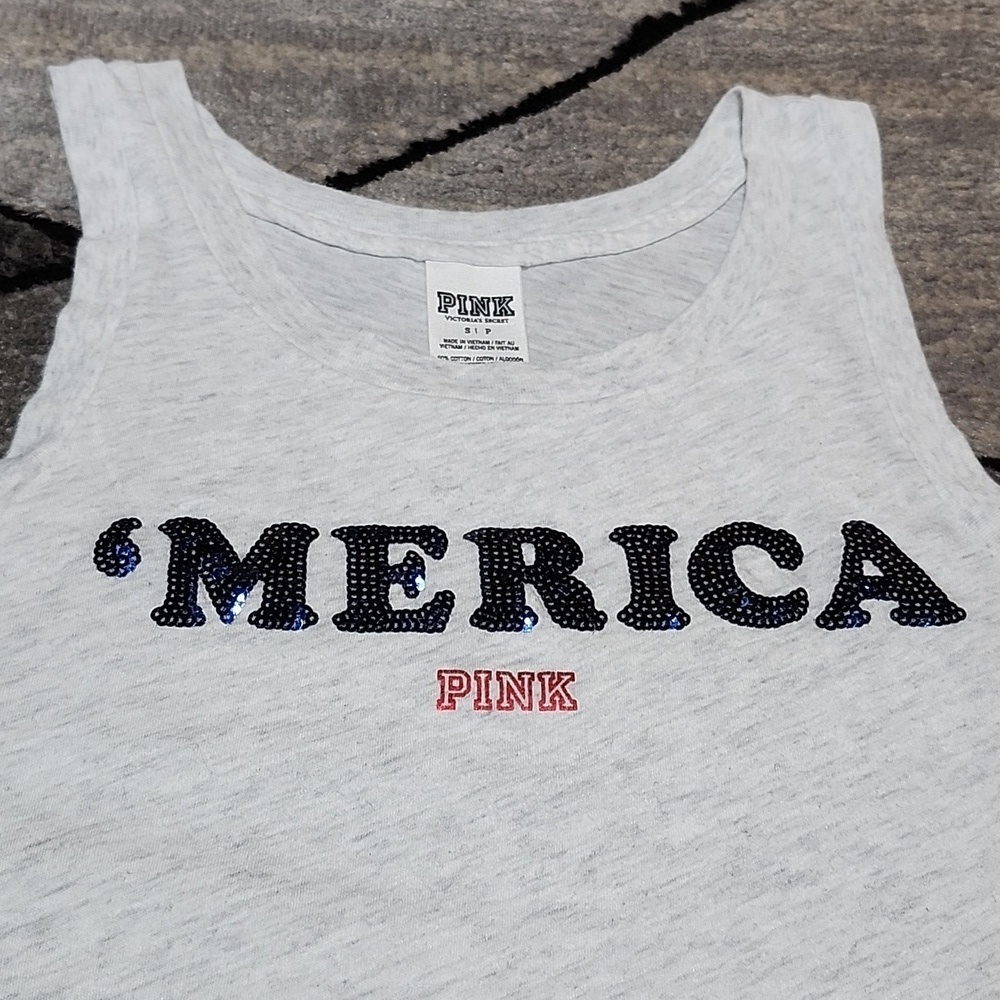 VS PINK 2016 CAMPUS-FIT "MERICA" SEQUINS RED WHITE BLUE STRIPES TANK-TOP